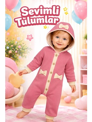 Almira Anne Bebek Bebek Tulum Yazlık Kapşonlu Düğmeli Gül Kurusu Uzun Kollu