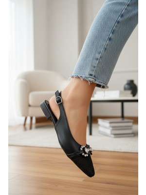 Enoch Kadın Siyah Taşlı File Detaylı Arkası Açık Sivri Burun Zarif Babet