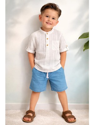 Almira Anne Bebek Çocuklar Için Yazlık Erkek Takım Gömlek ve Kot Şort Seti