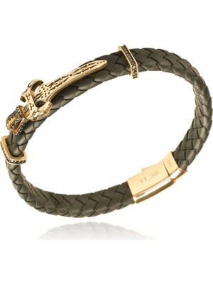 Berk Mücevherat 14 Ayar Altın Taşlı Kılıç Figürlü Deri Erkek Bileklik