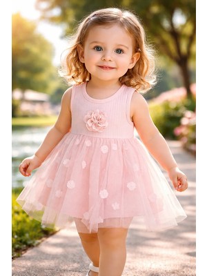 Almira Anne Bebek Bebek Kız Elbisesi Pembe Tüllü Çiçek Detaylı Yazlık Günlük Giyim