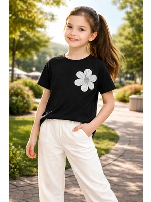 Almira Anne Bebek Kız Çocuk Takım | Siyah Çiçek Işlemeli Kısa Kollu Tişört ve Keten Pantolon