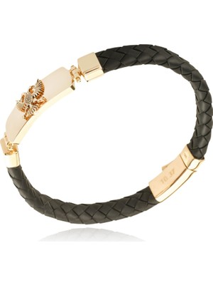 Berk Mücevherat 14 Ayar Altın Çift Başlı Kartal Figürlü Deri Erkek Bileklik