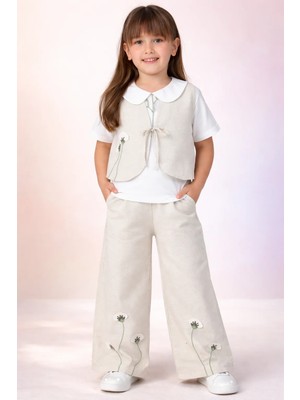 Almira Anne Bebek Kız Çocuk Yazlık Keten Takım Çiçek Nakışlı Yelek ve Pantolon