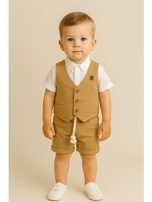 Almira Anne Bebek Erkek Çocuk Takım Kahve Renkli Kısa Kollu Gömlek Yelekli Şort