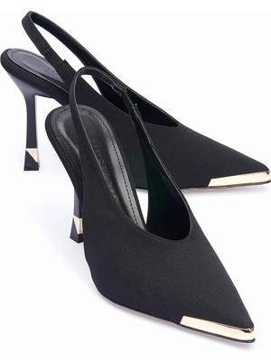 Mubiano Kadın Nubuk Stiletto Sivri Burun Arka Açık Gold Metal Detaylı Topuklu Ayakkabı Armina Siyah