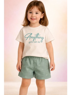Almira Anne Bebek Çocuk Yazlık Kız Takım Krem Renkli Keten Şort ve Kısa Kollu Tişört