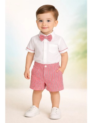 Almira Anne Bebek Yazlık Erkek Bebek Takımı 3 Parça Kısa Kollu Gömlek ve Şort