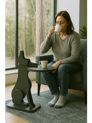 Feyza Design Antrasit Ahşap Yan Sehpa, Köpek Desenli Çok Amaçlı Zigon Tabure