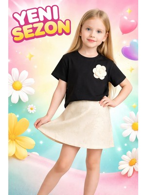 Almira Anne Bebek Kız Çocuk Takım Siyah Kısa Kollu Çiçek Işlemeli Günlük Giyim