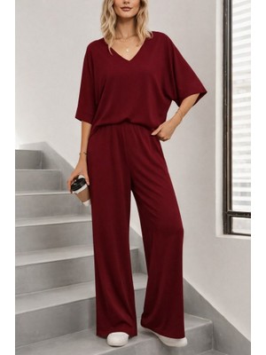 Bizcomoda Kadın Kısa Kollu V Yakalı Viskon Bluz ve Pantolon Ikili Takım