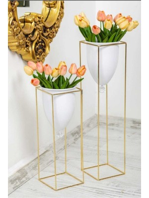 Özbience Beyaz Gold Metal Saksı Çiftli Set, Şık ve Modern Dekorasyon Için