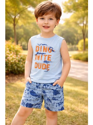 Almira Anne Bebek Erkek Çocuk Dinozor Baskılı Sıfır Kollu Şortlu Pijama Takımı