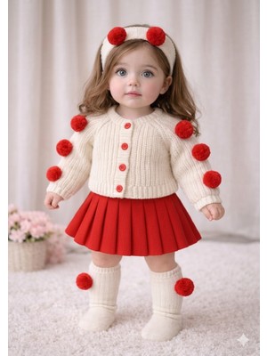 Mihrumay Kız Bebek Ponpon Hırkalı Etekli & Çoraplı 4'lü Takım