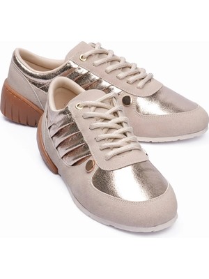 Mubiano Kadın Süet Sneaker Gold Metalik Detaylı Günlük Spor Ayakkabı Telora Bej Gold