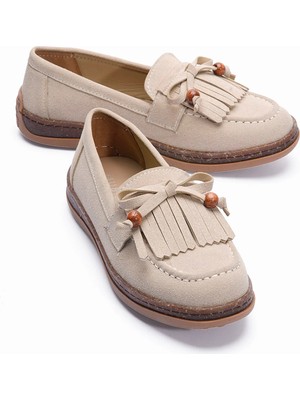 Mubiano Kadın Süet Loafer Püskül ve Boncuk Detaylı Günlük Babet Lorea Bej