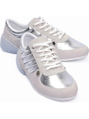 Mubiano Kadın Süet Sneaker Gümüş Metalik Detaylı Günlük Spor Ayakkabı Telora Bej Gümüş