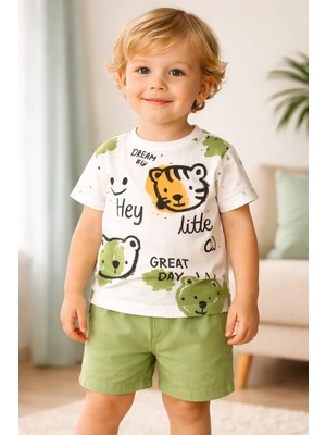 Almira Anne Bebek Yazlık Erkek Çocuk Takım Kedi Baskılı Kısa Kollu ve Şortlu