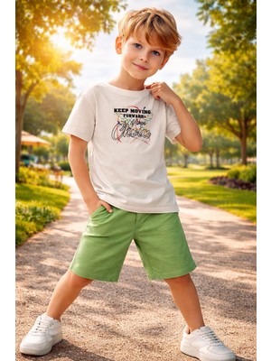 Almira Anne Bebek Günlük Erkek Çocuk Takım Krem Yeşil Baskılı Yazlık Set