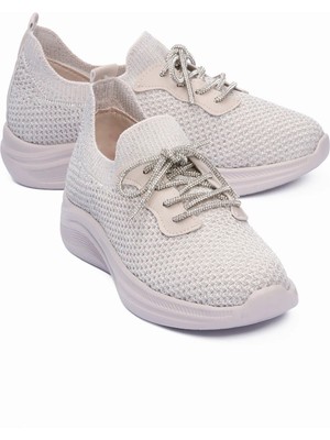 Mubiano Kadın Triko Sneaker Sim Detaylı Hafif Konfor Taban Taş Bağcıklı Günlük Spor Ayakkabı Melia Bej