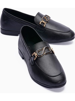 Mubiano Kadın Hakiki Deri Babet Metal Aksesuar Detaylı Loafer Sorina Siyah