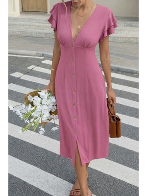 Livizmir Moda Kadın Kısa Kollu V Yakalı Önden Düğmeli Bürümcük Midi Elbise
