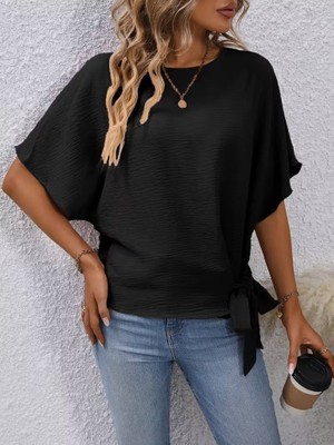 Emh Store Kadın Kısa Kollu Bisiklet Yaka Yandan Bağcıklı Aerobin Bluz