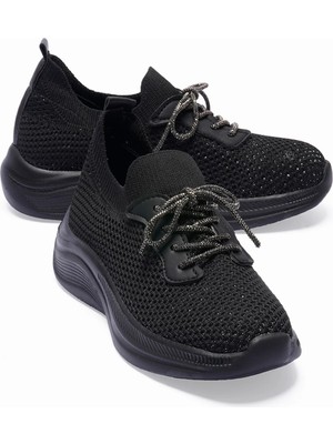 Mubiano Kadın Triko Sneaker Sim Detaylı Hafif Konfor Taban Taş Bağcıklı Günlük Spor Ayakkabı Melia Siyah