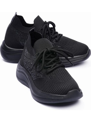 Mubiano Kadın Triko Sneaker Taş Detaylı Hafif Konfor Taban Bağcıklı Günlük Spor Ayakkabı Viola Siyah