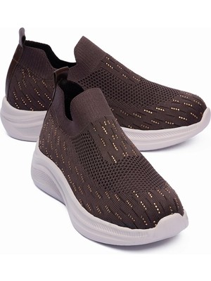 Mubiano Kadın Triko Sneaker Taş Detaylı Hafif Konfor Taban Günlük Spor Ayakkabı Selina Kahverengi