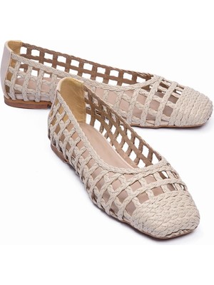 Mubiano Kadın Örgü Babet Kare Burun Günlük Ayakkabı Alstro Bej