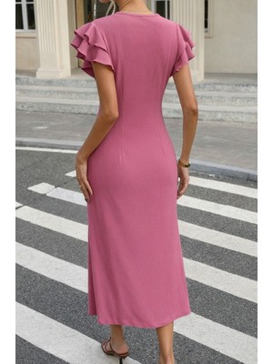 Nnstartshopping  Kadın Kısa Kollu V Yakalı Önden Düğmeli Bürümcük Midi Elbise