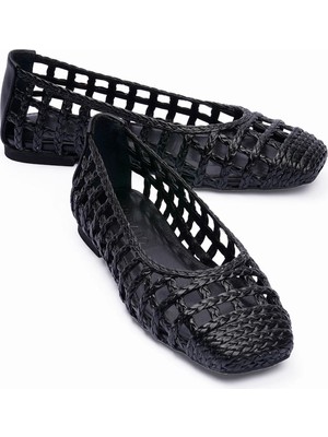 Mubiano Kadın Örgü Babet Kare Burun Günlük Ayakkabı Alstro Siyah