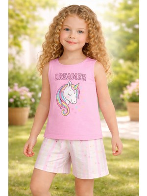 Almira Anne Bebek Kız Çocuk Unicorn Baskılı Dreamer Yazılı Kolsuz Pijama Takımı