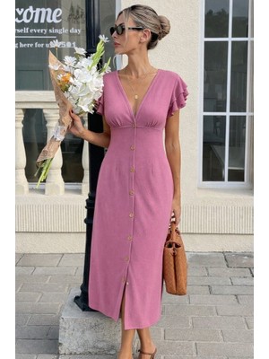 Ulak Handmader Kadın Kısa Kollu V Yakalı Önden Düğmeli Bürümcük Midi Elbise