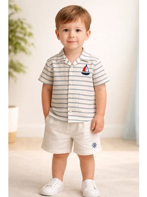 Almira Anne Bebek Yazlık Erkek Çocuk Keten Gömlek ve Şort Takımı Mavi Çizgili Klasik Stil