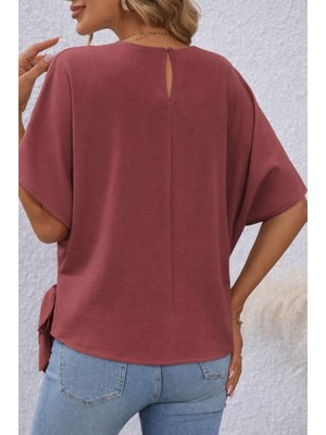 Livizmir Moda Kadın Kısa Kollu Bisiklet Yaka Yandan Bağcıklı Aerobin Bluz