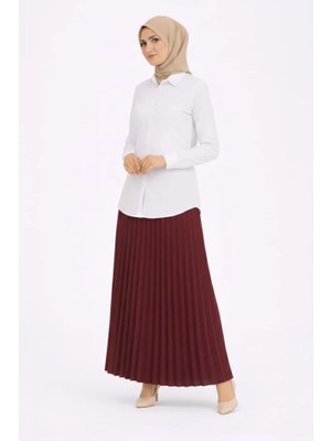 Bet's  Tesettür Beyaz Gömlekli Pliseli Etek Ikili Takım Gündelik ve Ofis Şıklığı - Bordo