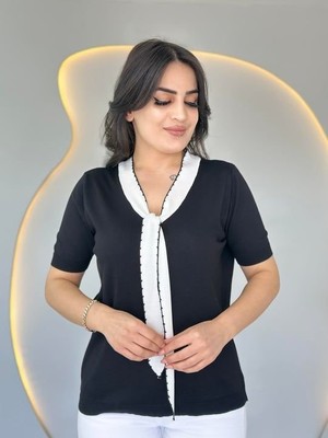 Sun&north Kadın Kısa Kollu V Yaka Fular Detay Merserize Triko Bbluz