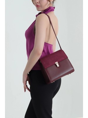 Clodi Viola Bordo Deri Görünümlü Premium Çanta - Süet Detaylı Lüks Kadın Omuz Çantası