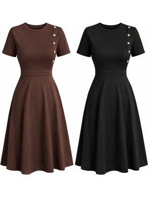 Gacha Kadın Kısa Kollu Bisiklet Yaka Gold Düğme Detay Midi Boy Elbise