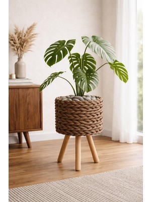 Özbience Ayaklı Jüt Örgü Saksı, Doğal Bohem Dekoratif Çiçeklik