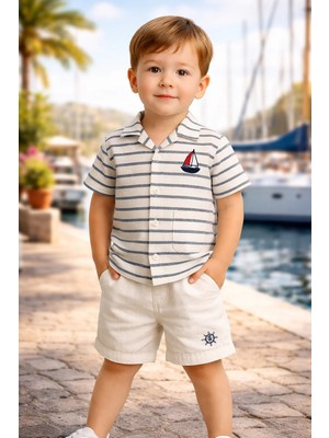 Almira Anne Bebek Erkek Çocuk Keten Gömlek ve Şort Takımı Yazlık Kız Çocuk Klasik Stil