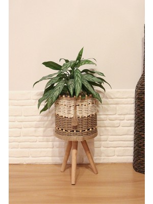 Özbience Jüt Örgü Ahşap Ayaklı Hasır Sepet Saksılık, 26 Cm, Naturel, Boncuklu