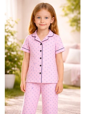 Almira Anne Bebek Kız Çocuk Pijama Takımı Önden Düğmeli Kısa Kollu Çiçek Baskılı