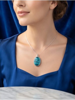 Anka Select Vintage Tasarım Turkuaz Doğal Taş Görünümlü Oval Kolye Ucu – El Işçiliği Igümüş Renk Çerçeveli Kadın Kolye Ucu