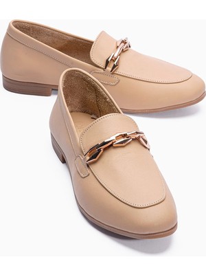 Mubiano Kadın Hakiki Deri Babet Metal Aksesuar Detaylı Loafer Felina Nude