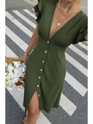 Ne Verelim Size Kadın Kısa Kollu V Yakalı Önden Düğmeli Bürümcük Midi Elbise