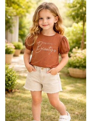 Almira Anne Bebek Kız Çocuk Kot Takım Kahve-Krem Renkli Yazlık Günlük Giyim