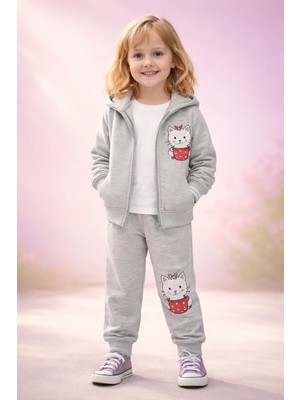 Almira Anne Bebek Kız Çocuk Spor Takımı Gri Kedi Desenli 3 Parça Yazlık Seti